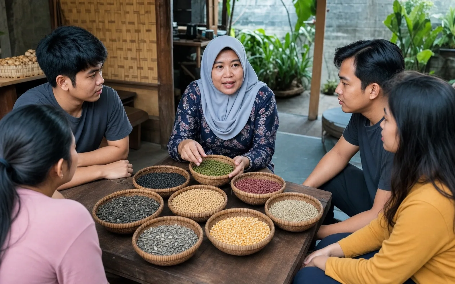 Edukator komunitas menjelaskan keranjang benih campuran sebagai gambaran reksadana