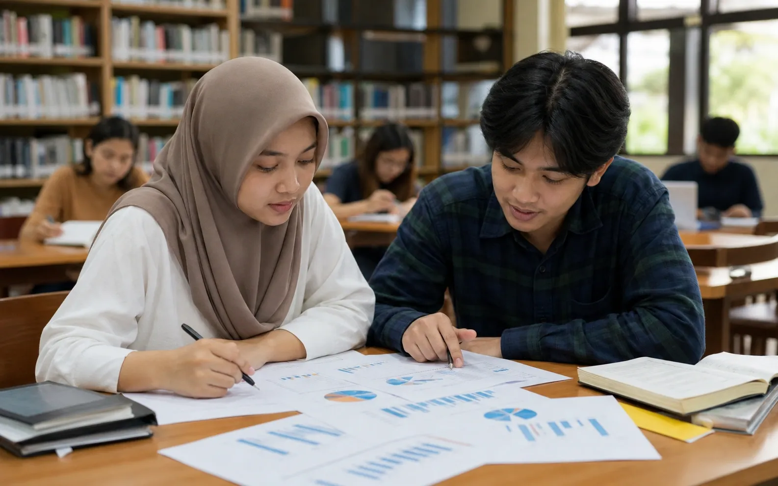 Dua pemula mempelajari grafik perusahaan abstrak tanpa tulisan di meja perpustakaan