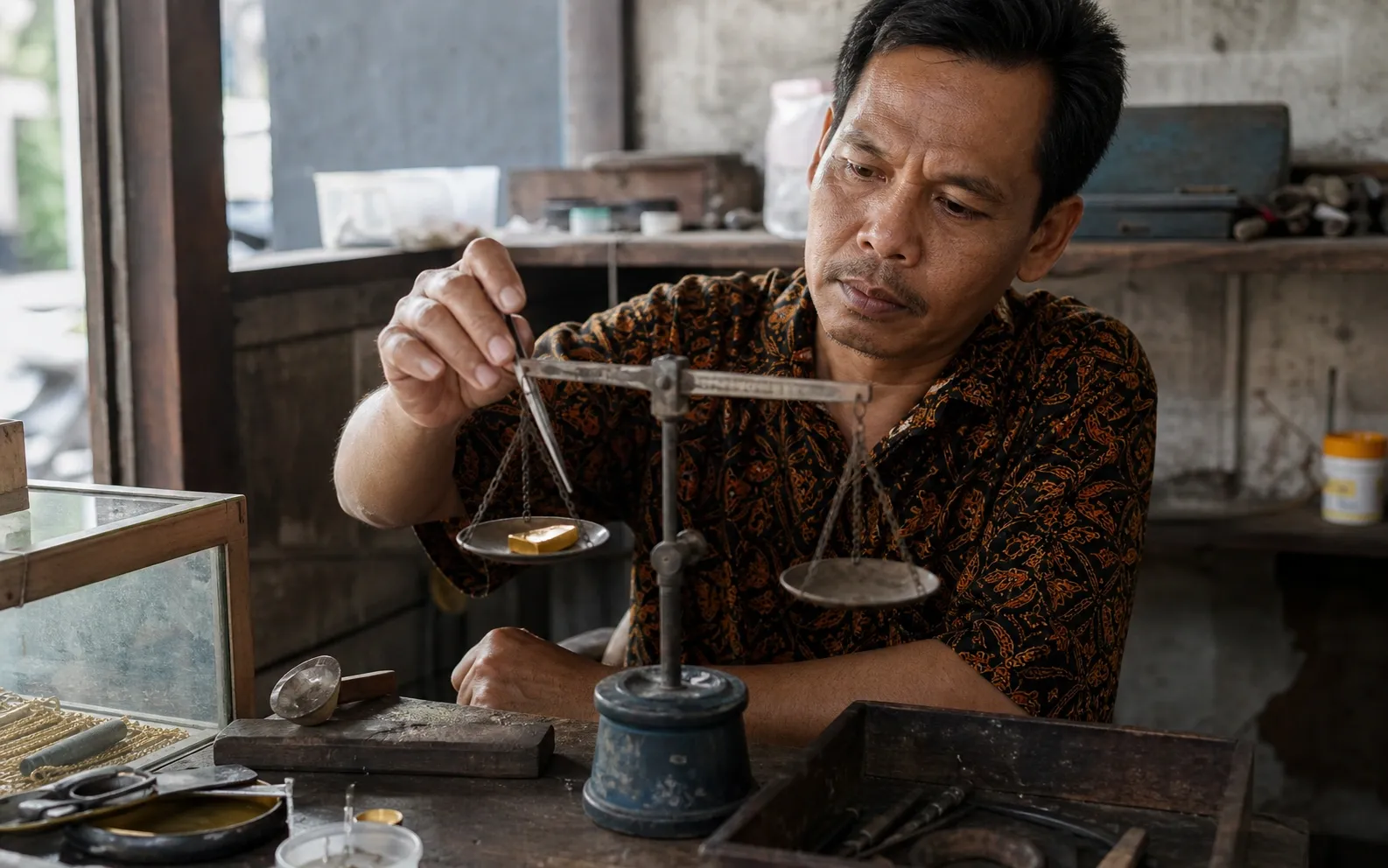 Perajin emas menimbang batang emas kecil tanpa merek di timbangan analog