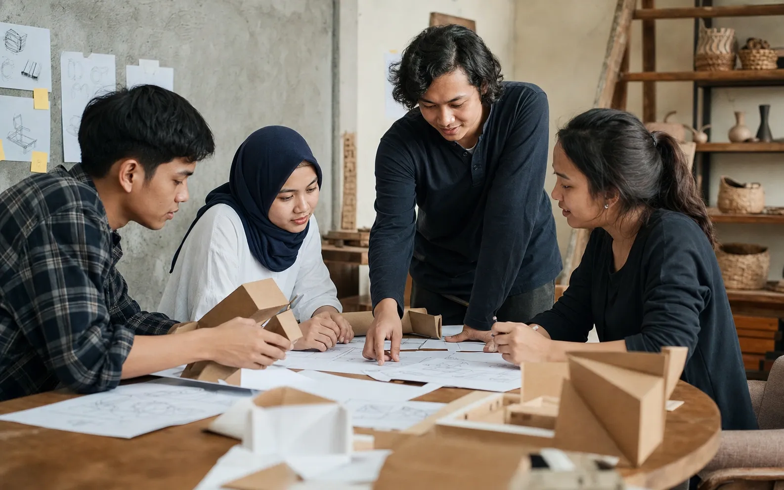Profesional muda beragam latar berkolaborasi dengan prototipe fisik dan kertas sketsa kosong