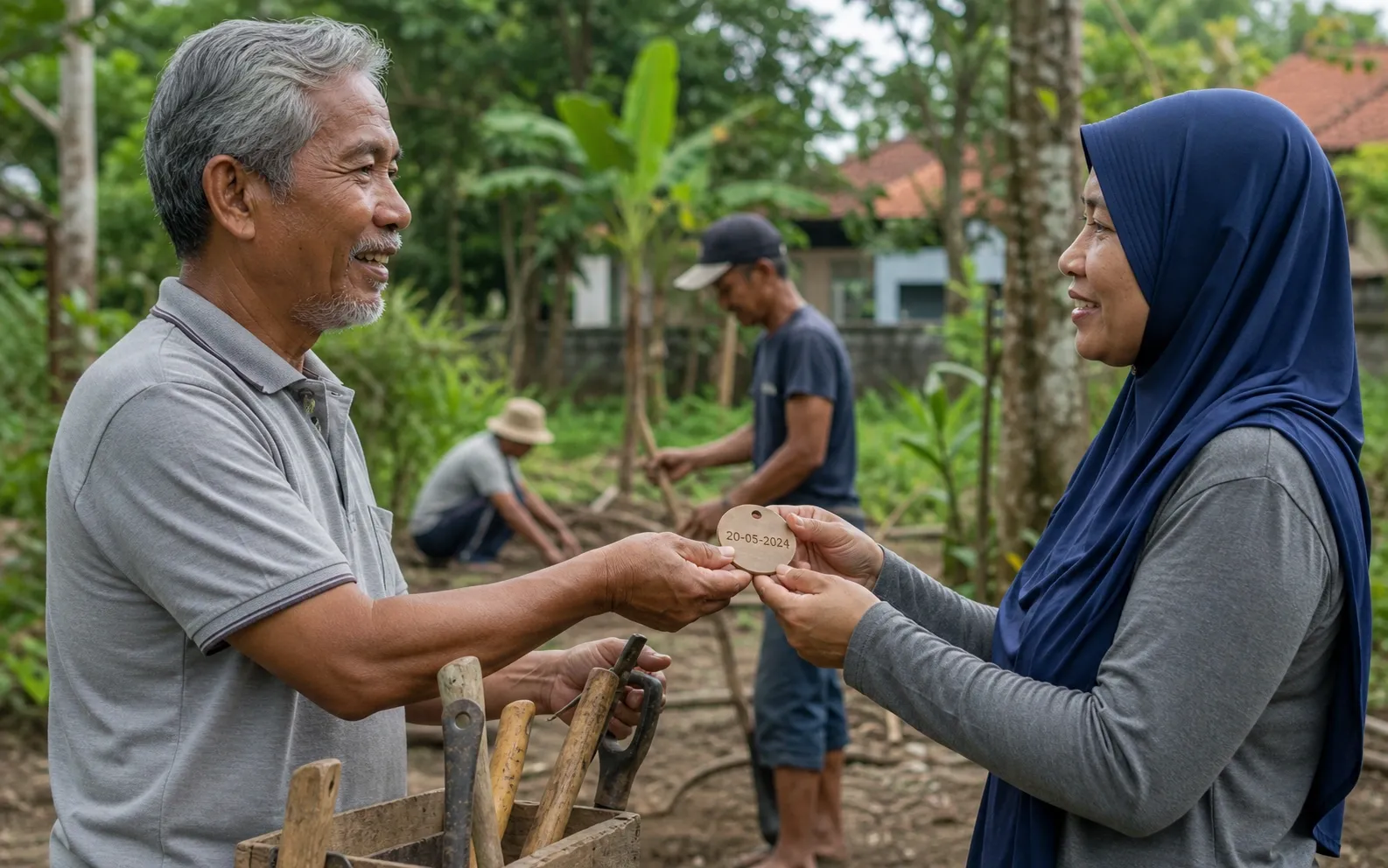 Orang tua meminjamkan alat kebun kepada proyek komunitas dan menerima token pengembalian