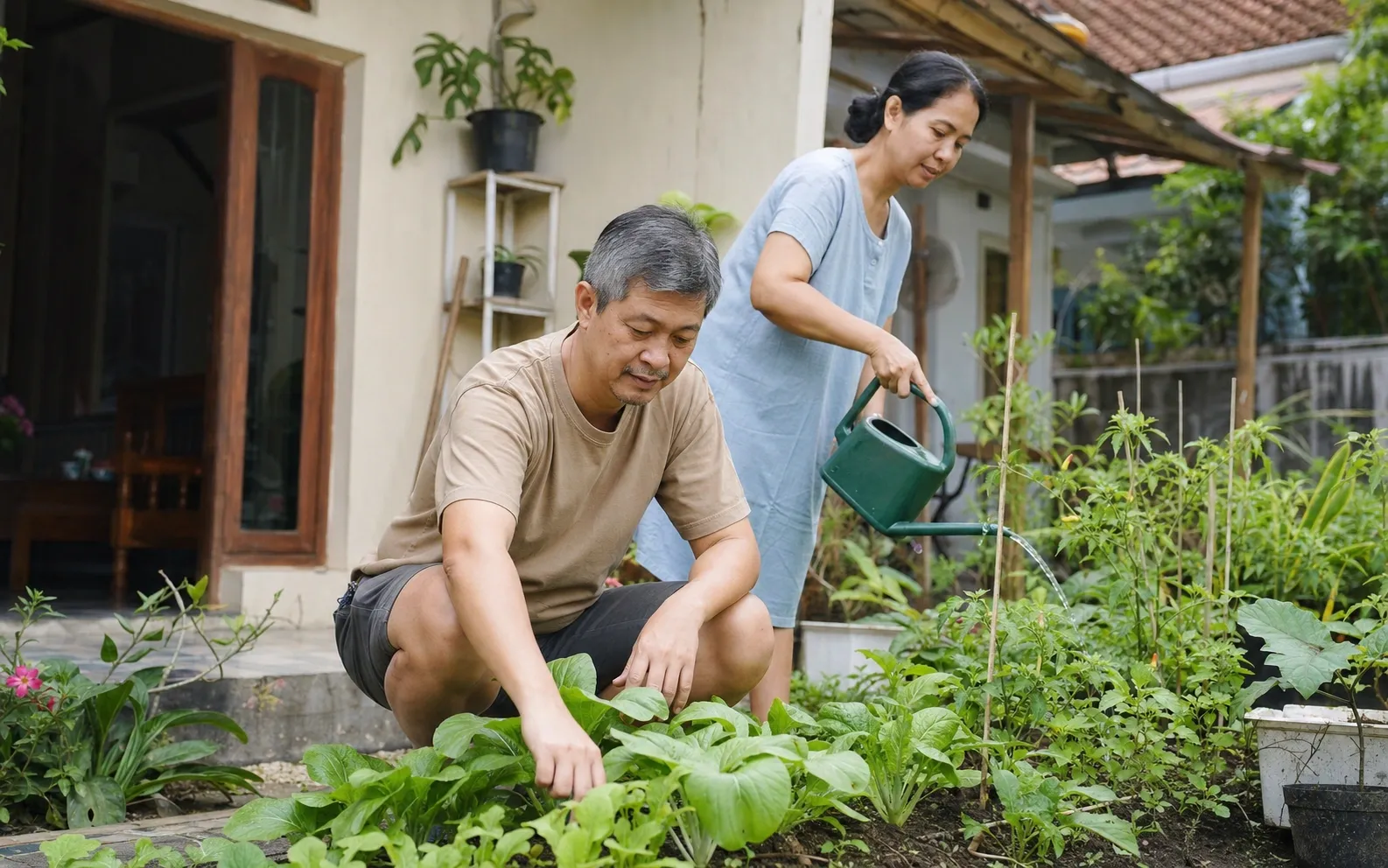 Pasangan paruh baya merawat kebun kecil pada pagi hari biasa