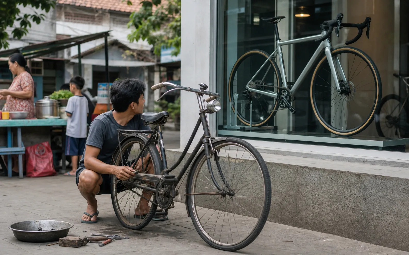 Pekerja muda mempertimbangkan memperbaiki sepeda lama di depan toko sepeda