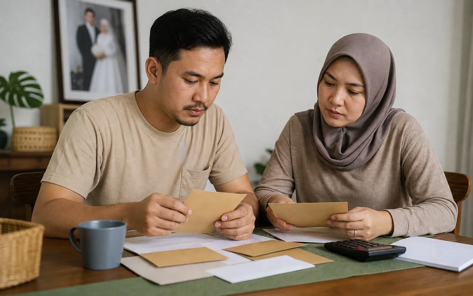 Pasangan menikah merencanakan keuangan bersama menggunakan amplop polos