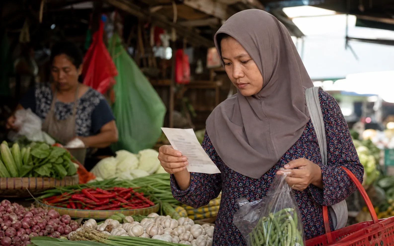 Orang tua membandingkan bahan pangan menggunakan daftar buram di pasar tradisional