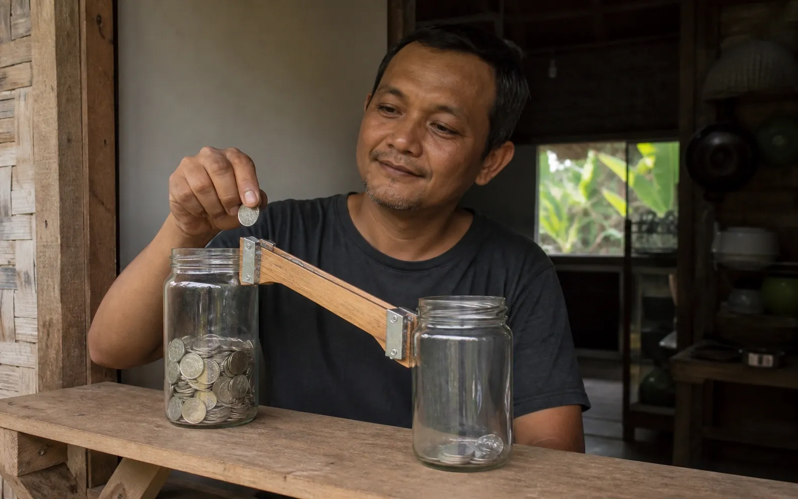 Dua tabung polos terhubung saluran mekanis yang mengalihkan koin ke tabungan